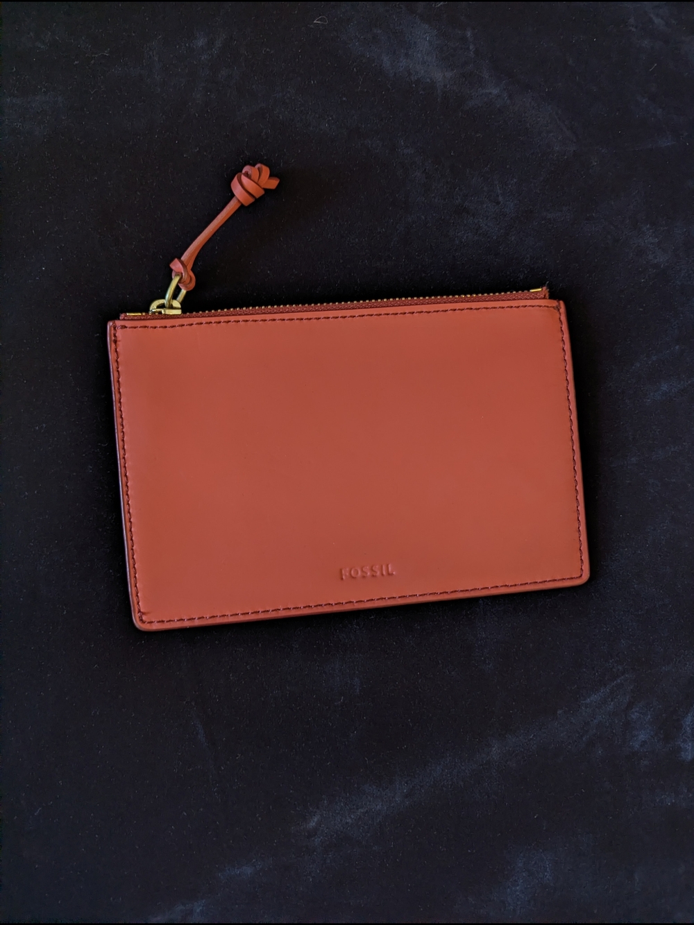 Fossil Smooth Leather Flat Zipper Pouch Wallet Rust Orange Brick Red